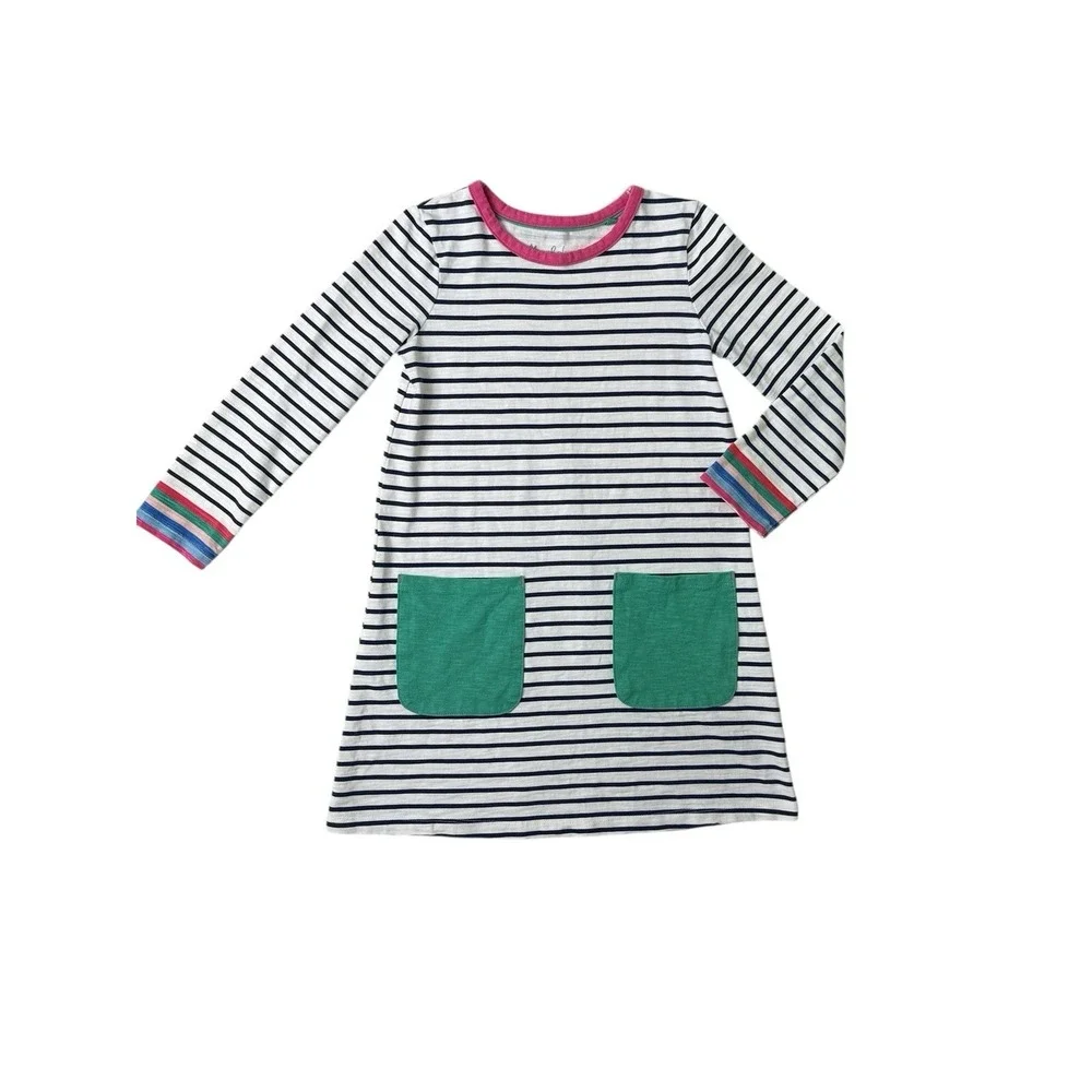 Mini Boden Dress Pockets Long Sleeve Spring Artsy Blue Stripe Girls 7-8 Years